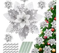 Serwalin 20pcs Christmas Flowers Artificial Silver Poinsettia Flowers Decorations with Clips Stems Glitter Christmas Tree Ornaments Xmas Wedding Party Wreath Garlands DIY