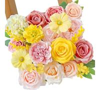 Serwalin Artificial Flowers,Pink Yellow Silk Fake Flowers Box for DIY Wedding Bridal Bouquet, Wedding Cake Flowers for Table Centerpieces Birthday Party Bridal Shower Home Decorations