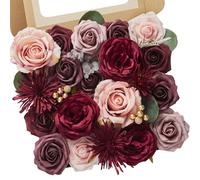 Serwalin Silk Foam Flowers Burgundy Artificial Flower for DIY Wedding Decoration Roses Pink and Red with Stems Box Combo for Bridal Bouquet Table Centerpieces Flower Party Baby Shower
