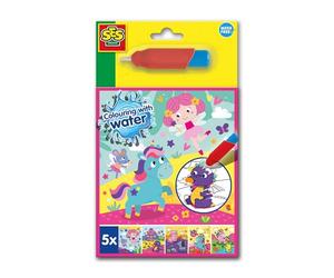 SES Creative 00133 Colour with Water Fantasy Book - Mess-Free Creative Play for Kids Aged 3+ - Includes 5 Reusable Pages and Refillable Water Brush - Explore Magical Fantasy Scenes