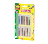 SES Creative 00252 Biodegradable Glitter - 10 Vibrant Colours for Eco-Friendly Crafting - Includes Light Blue, Red, Green, Gold, and More - Safe and Sustainable for Kids Aged 3+