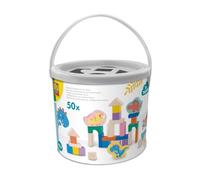 SES Creative 13204 Wooden Building Blocks Dino - 50pcs in Bucket - Creative Building Set for Kids Aged 12 Months+ - Includes 47 Wooden Blocks and 3 Printed Dinosaur Figures
