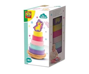 SES Creative 13252 Wooden Stacking Tower Unicorn - Educational Toy for Kids Aged 10 Months+ - Includes 5 Colorful Wooden Rings and a Fun Unicorn Figure