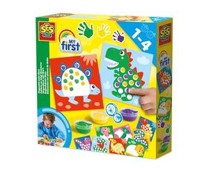 SES Creative 14442 - My First - Fingerprint Paint Dinos, 10 Colouring Pages with Easily Washable Paint, Complete First time Painting Set for Children Ages 1-4