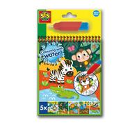 SES Creative 00131 Colour with Water Safari Book - Mess-Free Creative Play for Kids Aged 3+ - Includes 5 Reusable Pages and Refillable Water Brush - Discover Vibrant Safari Scenes