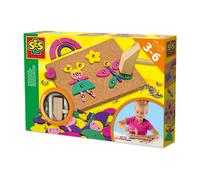 SES Creative 00927 - Hammer tic trendy, thick cork board, hammer tap with pins, different coloured shapes, safe nails, complete set for children