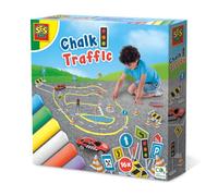 SES Creative Playground Chalk Set, Create Roads on Pavements and Playgrounds for Cars, Chalk Board Drawing, Bright, Non Toxic Washable Chunky Pieces with Transport Accessories