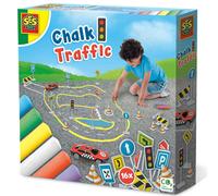 SES Creative Playground Chalk Set, Create Roads on Pavements and Playgrounds for Cars, Chalk Board Drawing, Bright, Non Toxic Washable Chunky Pieces with Transport Accessories