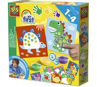 SES Creative 14442 - My First - Fingerprint Paint Dinos, 10 Colouring Pages with Easily Washable Paint, Complete First time Painting Set for Children Ages 1-4