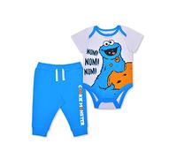 Sesame Street Baby s Short Sleeve Romper with Jog Pants, Cookie Monster Bodysuit Set, White, Size 12M