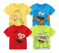 Sesame Street Boy's 4-Pack Graphic Tee Shirt with Short Sleeves, Blue/Green/Red/Yellow, 3T