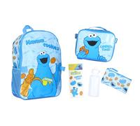 Sesame Street Cookie Monster Backpack 5-Piece Mega Set Cookie Time Kids School Bag with Lunch Box Pencil Case Water Bottle and Stickers, Blue, One Size