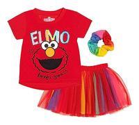 Sesame Street Elmo Baby Girls Hi-Lo T-Shirt Mesh Skirt Scrunchy Set Red/Rainbow 12 Months