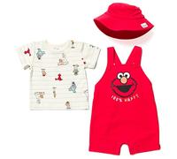 Sesame Street Elmo Newborn Baby Boys French Terry Short Overalls T-Shirt and Hat 3 Piece Outfit Set Red / White Newborn