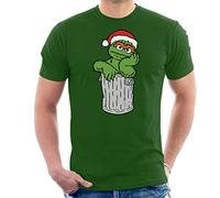 Sesame Street Oscar The Grouch in His Trash Can Christmas Hat Men's T-Shirt Bottle Green