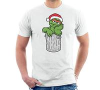 Sesame Street Oscar The Grouch in His Trash Can Christmas Hat Men's T-Shirt White
