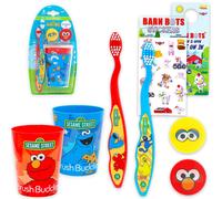 Sesame Street Toothbrush and Cup 2 Pk for Kids - 6 Pc Bundle with Big Bird Toothbrushes, Cookie Monster Cups, Stickers, More for Boys, Girls, Toddlers