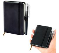 sesameless Pocket Notebook, A7 PU Leather Cover Small Pocket Notebook with Pen Holder and Elastic Band for Writing Note Taking Plans Memos (Black)