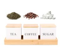 Sesaver 3 Pcs Tea Sugar Coffee Canister Set with Bamboo Lid and Tray Large Capacity Tea Sugar Coffee Container Set Sealed Jar Sets Space Saving Canister for Kitchen (500 ML)(white)