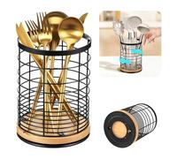 Sesaver 360° Rotating Utensil Holder,Black Carbon steel Kitchen Utensil Holder with Wooden Base Round Flatware Storage for Countertop Spatulas Spoon and Tongs Tableware Storage