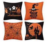 Sesaver 4Pcs Halloween Pillow Case Orange and Black Cover, 45×45cm Scary Night Trick or Treat Pillow Cover, Linen Spider Pumpkin Printed Happy Sofa Bed Decor