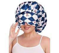 Sese Code Pleated Satin Bonnet with Eye Mask Attached Adjustable Sleeping Hair Bonnets for Women Floral Shower Cap Cherry