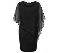 SeSe Code Women's Mesh Cape Overlay Bodycon Knee Length Pencil Dress for Wedding Guest, Black, L