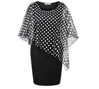 SeSe Code Women's Mesh Cape Overlay Bodycon Knee Length Pencil Dress for Wedding Guest, Black Polka Dot, XXL