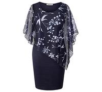 SeSe Code Women's Mesh Cape Overlay Bodycon Knee Length Pencil Dress for Wedding Guest, Navy Blue 2, XXL