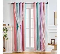 SeseBee Girls Curtains, Unicorn Princess Theme Room Decoration, Double-Layer Hollow Star Curtains, Room Accessories (Pink Purple Green, W52×L72×2P)