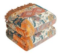 SESoftexly Boho Throw Blanket 100% Cotton, Double Sided Muslin Large Bedspread, 200 x 230 cm, Throw for Sofa and Bed, Aesthetic Design, Great for Living Room and Bedroom, Orange/Green