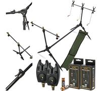 Session Fishing Rod Pod with Buzz Bars, Rod Rests, 2 VX1 Bite Alarms & Carry Case - Adjustable Bank Setup with Volume Control, Waterproof LED Indicators Carp Fishing Angling Kit