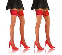 Sesto Senso 2 Pack Fishnet Hold Ups Stockings Sexy Thigh-High Lace Top 1/2 XS/S Red