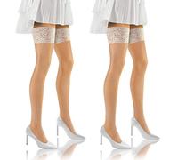 Sesto Senso 2 Pack Fishnet Hold Ups Stockings Sexy Thigh-High Lace Top 1/2 XS/S White