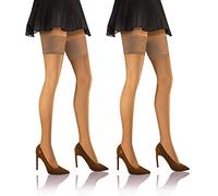 Sesto Senso 2 Pack Fishnet Hold Ups Stockings Sexy Thigh-High Lace Top 3/4 M/L Antelope Beige Skin