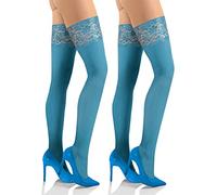 Sesto Senso 2 Pack Womens Hold Ups Stockings 40 Denier Microfiber Opaque Sexy Lace Top M-L Dark turquoise