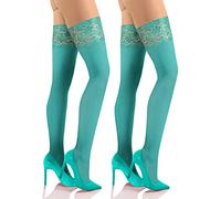 Sesto Senso 2 Pack Womens Hold Ups Stockings 40 Denier Microfiber Opaque Sexy Lace Top M-L Mint