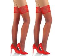 Sesto Senso 2 Pack Women's Hold Ups Stockings Sexy Lace Top 15 Denier 3XL-4XL Red