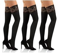Sesto Senso 3 Pack Womens Hold Ups Stockings 50 Denier Microfiber Opaque Sexy Lace Top 1/2 Black