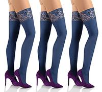 Sesto Senso 3 Pack Womens Hold Ups Stockings 50 Denier Microfiber Opaque Sexy Lace Top Dark Blue 3/4 Marine