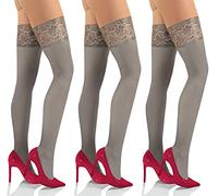 Sesto Senso 3 Pack Womens Hold Ups Stockings 50 Denier Microfiber Opaque Sexy Lace Top XL/XXL Grey