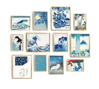 Set 12 Eclectic Home Decor Japanese Wall Art - Blue Home Decor Gallery Wall Set, Eclectic Wall Decor Famous Art Prints, Maximalist Posters, Vintage Wall Art Great Wave Poster (8x10 UNFRAMED)