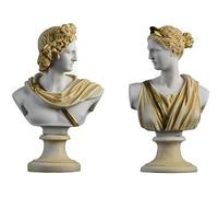 Set 2 Busts Artemis Diana and Apollo Greek Statues Figurine Gods Alabaster Gold