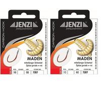 Set: 2 packs of tied maggot hooks by Jenzi, (20 pieces) on mono cord 60 cm, hook size 10, 12, 14 & 16 leader ready + free Petri Heil! sticker (hook size 10)