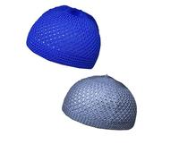 Set 2 Pieces Muslim Skull Cap Beanie AMN-341 Islam Prayer Crochet Takke Kufi Hat Eid Ramadan Gift, Light Blue & Grey, S