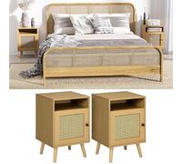 Set 2 Rattan Bedside Cabinets Tables Storage Cupboard Wood Effect Bedroom