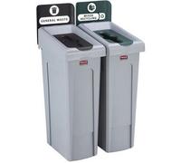 Rubbermaid Slim Jim 2-Stream Recycling Station - General Waste/Mixed Recycling - Black/Green