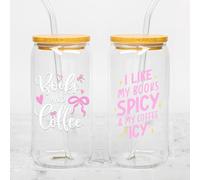 Set 2Pcs Book And Coffee UV DTF Cup Wraps for 16 oz Glass I Like My Books Spicy My Coffee Icy, Cold Transfer Decal for Glass Cups, Bow Cute Bookish Reading Book Lover, Vinyl Waterproof Rub on Transfer