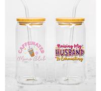 Set 2Pcs Caffeinated Moms Club UV DTF Cup Wraps for 16 oz Glass Raising My Husband Is Exhausting, Cold Transfer Decal for Glass Cups, Sarcastic Wife, Mom Life, Joke Vinyl Waterproof Rub on Transfer