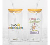 Set 2Pcs Easily Overstimulated UV DTF Cup Wraps for 16 oz Glass I Take My Coffee On The Rocks, Cold Transfer Decal for Glass Cups Anxiety Caffeinated Coffee Lover Vinyl Waterproof Rub on Transfer